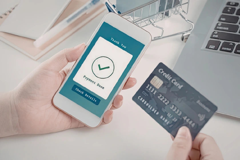 Step-by-step guide on using a credit card for online shopping, featuring a credit card and a computer screen.